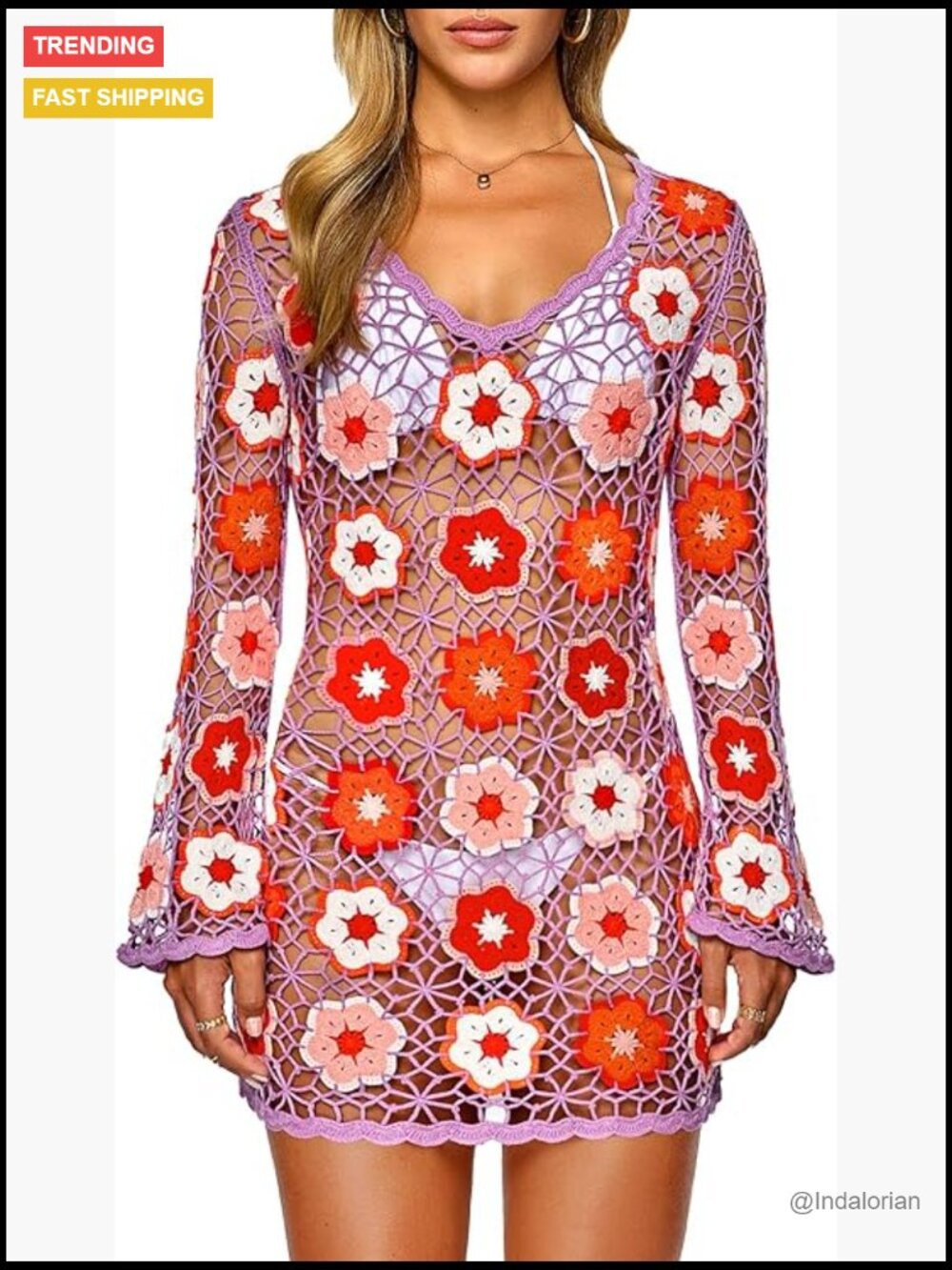Crochet Beach Cover Up Dress with 3D Camellia Embroidery Bell Sleeve